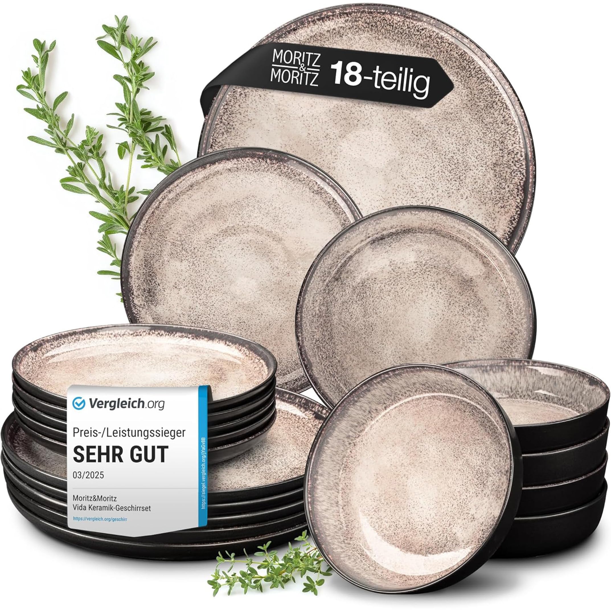 Moritz & Moritz VIDA Geschirrset 6 Personen Beige 18-tlg. - Modernes Porzellan Geschirr Set - Kratz-, Mikrowellen- & Spülmaschinenfest, Essgeschirr, Tafelservice, Kombiservice 6 Personen