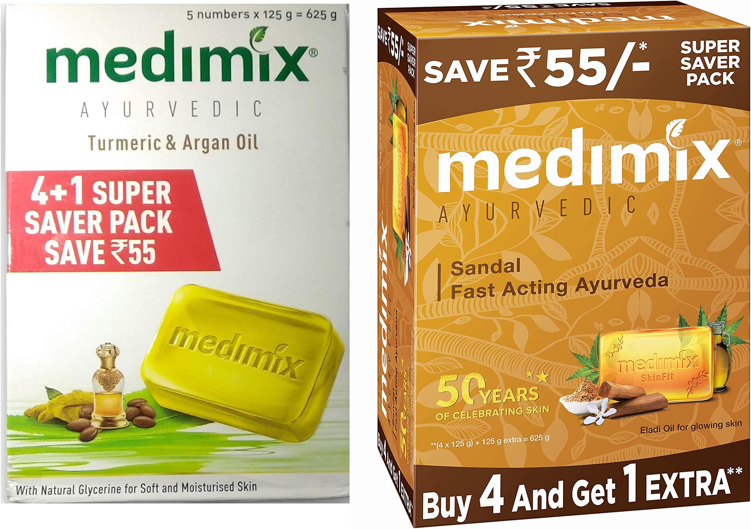 Medimix Ayurvedic Tumeric & Argan Oil Bathing Bar, 125 g And Sandal Bathing Bar, 125 g (4 + 1 Offer Pack)