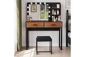 Semiocthome Vanity Desk with Mirror and 10 LED Lights, 39.4"W Makeup Desk with 2 Big Drawers and Side Shelves for Storage, Girl's Dressing Table with Metal Frame, Corner Makeup Table with Chair- Brown