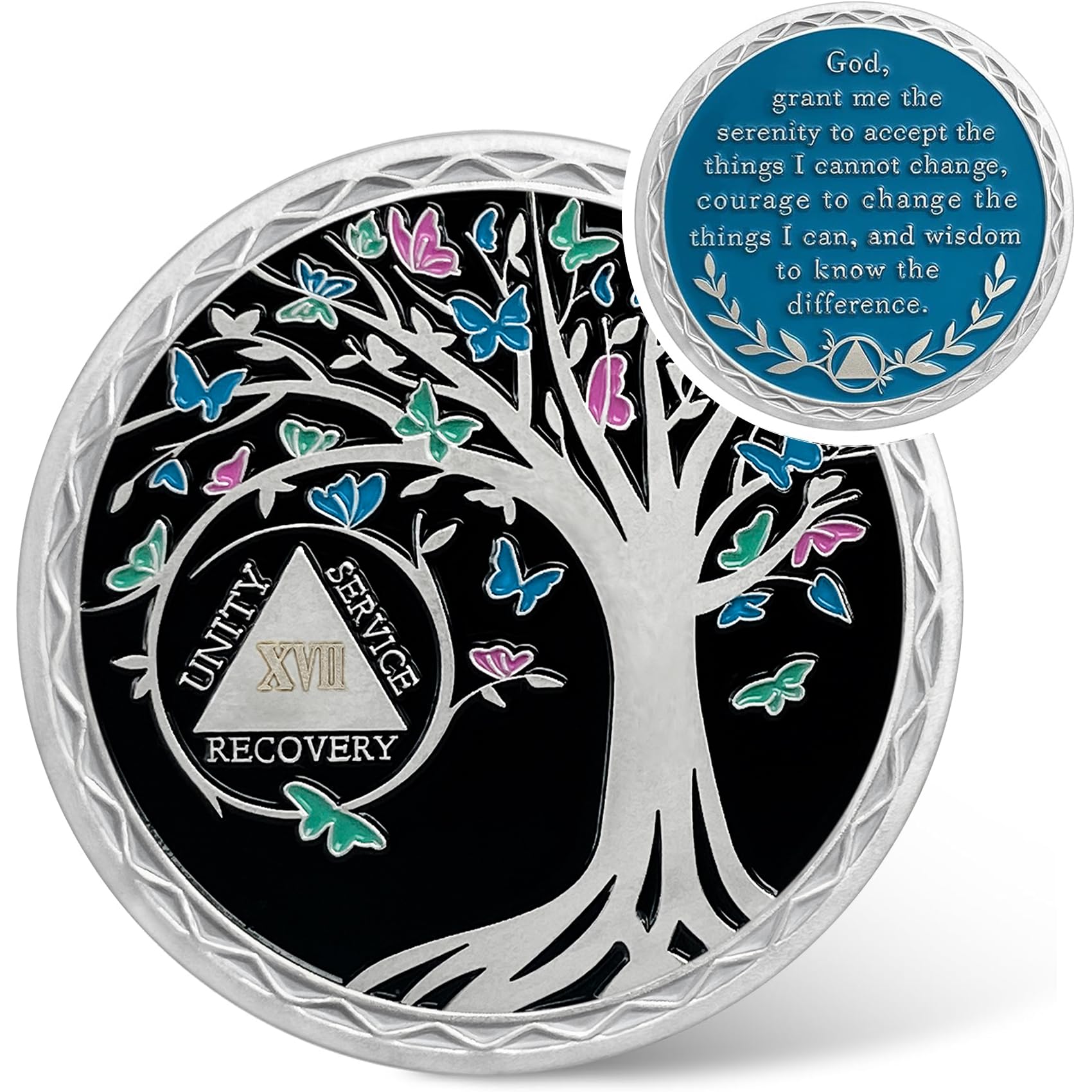 View 1 of 17 Year Sobriety Coin - Recovery Butterfly Tree of Life AA Coins - 17 Years AA Chips and Medallions - 1-40 Prime Sobriety Chip Alcoholics Anonymous Gifts for Men Women