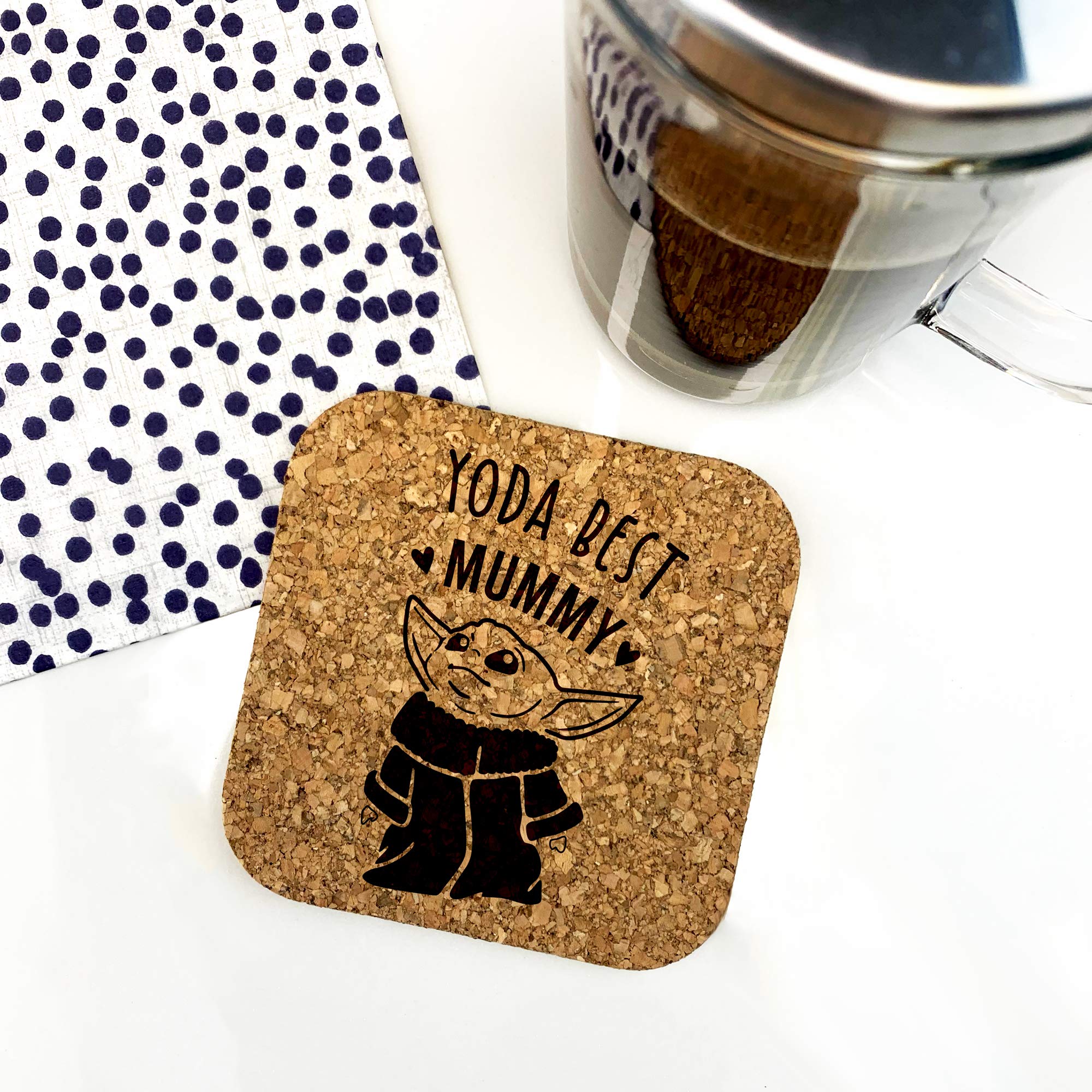 eBuyGB Personalised Square Cork Coaster, Eco-Friendly Engraved Baby Yoda Coaster, Star Wars Themed Drinks Mat, Gifts for Mummy from Daughter, Son (Yoda Best Mummy)