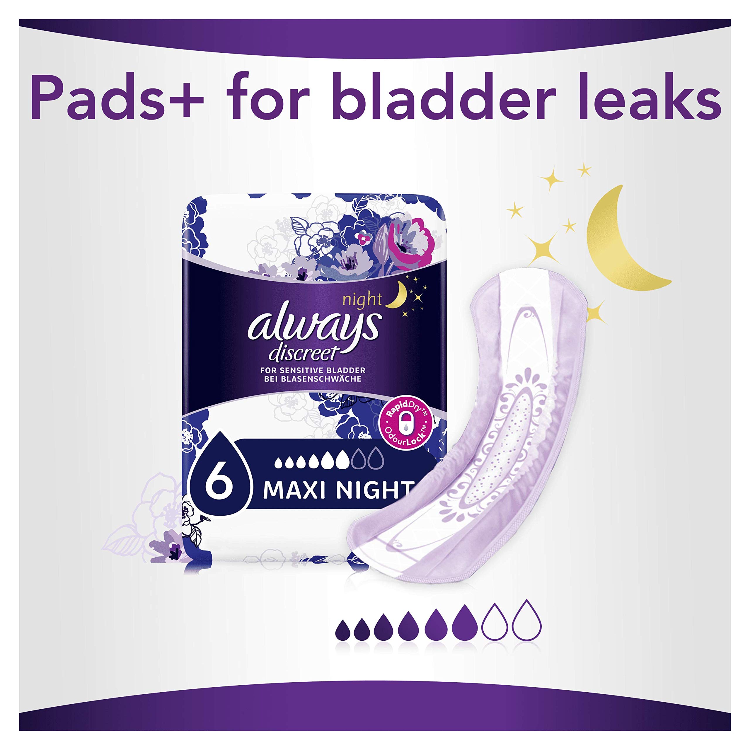 Always Discreet Incontinence Pads for Women, Maxi Night Pads, 36