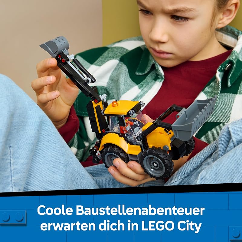 City Gelber Baggerlader - Baufahrzeug Spielzeug - Traktor mit 2 Minifiguren, funktionierender Frontschaufel und Heckbagger - Geburtstagsgeschenk für Jungen ab 7 Jahren - 60480 — Foto 7 von 8