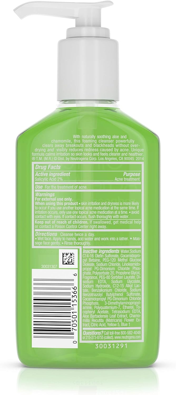 Neutrogena Oil-Free Acne and Redness Facial Cleanser, Soothing Face Wash with Salicylic Acid Acne Medicine, Aloe, and Chamomile to Reduce Facial Redness, 6 fl. oz: Beauty