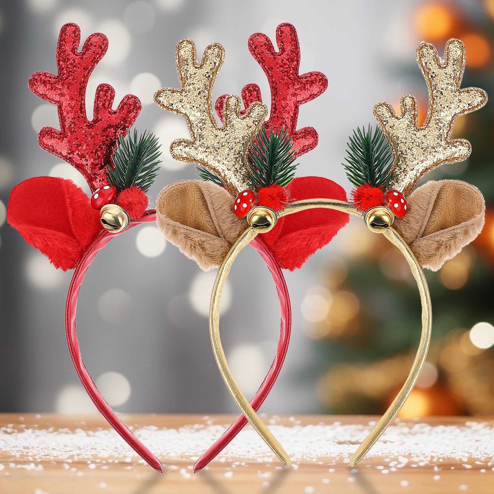PEOVLVN 2 Pcs Christmas Headbands for Adults, Glitter Christmas Headband Antler Headband with Bell Christmas Hair Accessories for Holiday Party Decorations Costume Accessory (Gold+Red)