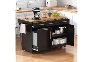 Merax 59.3" Kitchen Island with Storage, 2 Pull Out Cabinet Organizers & Rubber Wood Drop Leaf, Rolling Island Table with Tra