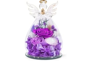 FIACO Mothers Day Birthday Gifts for Mom Preserved Rose Forever Fresh Flowers for Delivery Prime in Glass Angel Figurines Gifts for Women Real Purple Roses for Grandma Sister Wife Her from Daughter