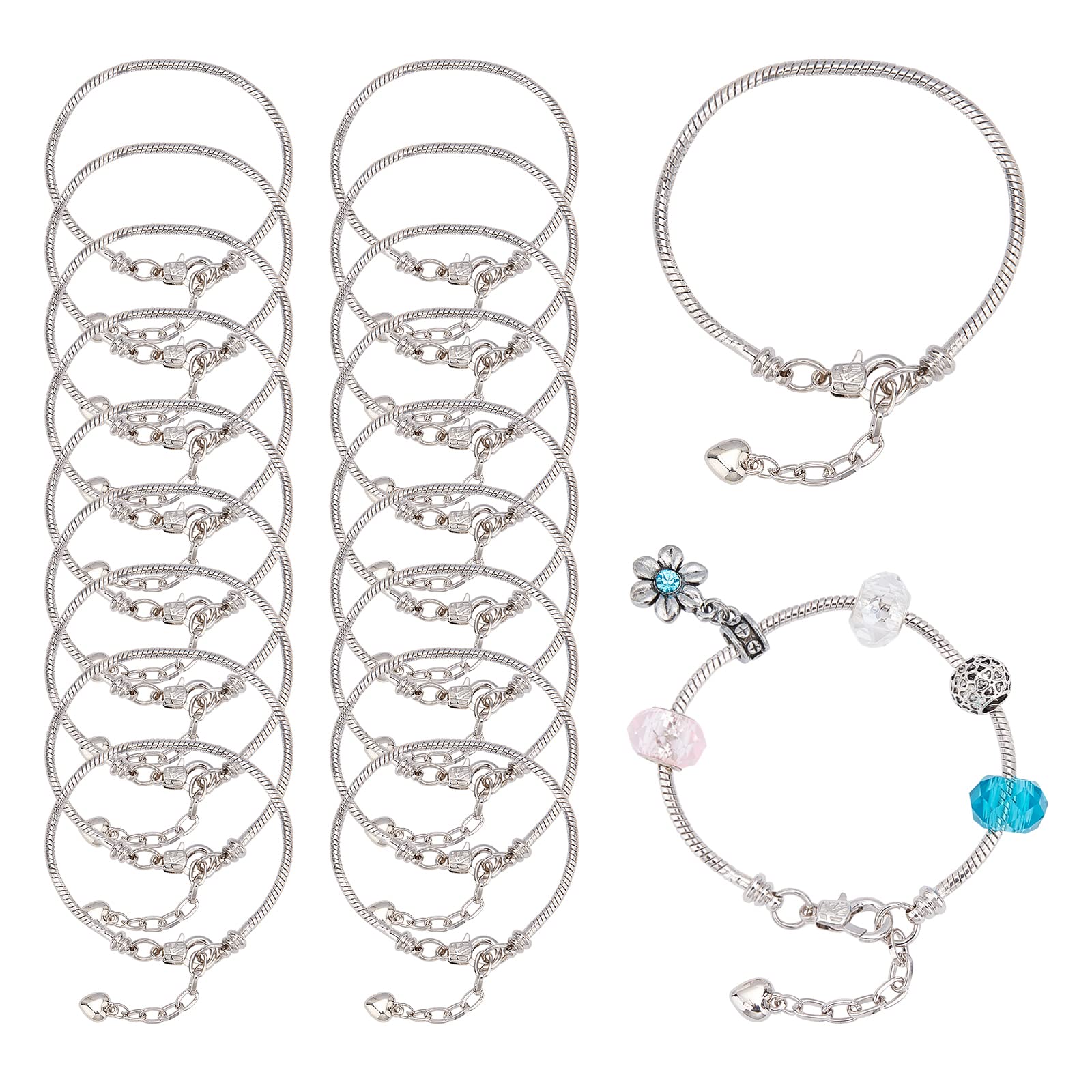 SUNNYCLUE 20Pcs Snake Chain Bracelets Brass Bracelet Chains Stainless Steel Bracelet Link Chains with Heart Lobster Clasp Extender Chain for DIY Bracelet Chain Women Jewelry Making Craft