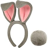 Parma77 Easter Bunny Ears Headband and Tail Set, Grey Plush Rabbit Ears Headband Women Costume Accessories Set, Halloween Cosplay Hairbands for Adults