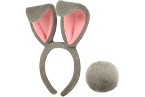 Parma77 Easter Bunny Ears Headband and Tail Set, Grey Plush Rabbit Ears Headband Women Costume Accessories Set, Halloween Cosplay Hairbands for Kids and Adults