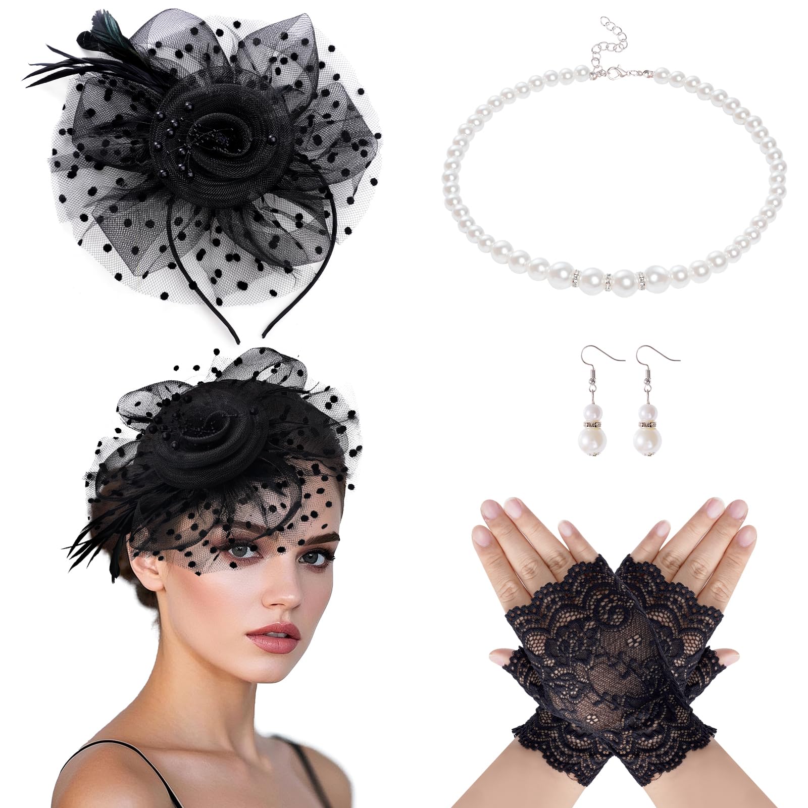 Photo 1 of ***** MISSING GLOVES ***** Haakong Tea Party Fascinators Hat for Women Veil Mesh Headband with Clip Lace Gloves Pearl Necklace Earring Set Flower Headwear Wedding Cocktail Halloween (US, Alpha, Medium, Black)