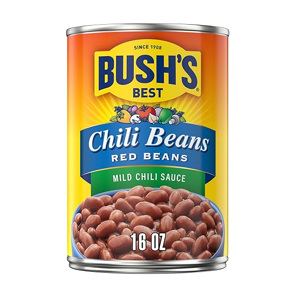 BUSH’S CANNED MILD RED CHILI BEANS (PACK OF 1), PLANT-BASED PROTEIN, EXCELLENT SOURCE OF FIBER, LOW FAT, GLUTEN FREE, IN MILD CHILI SAUCE, 16 OZ