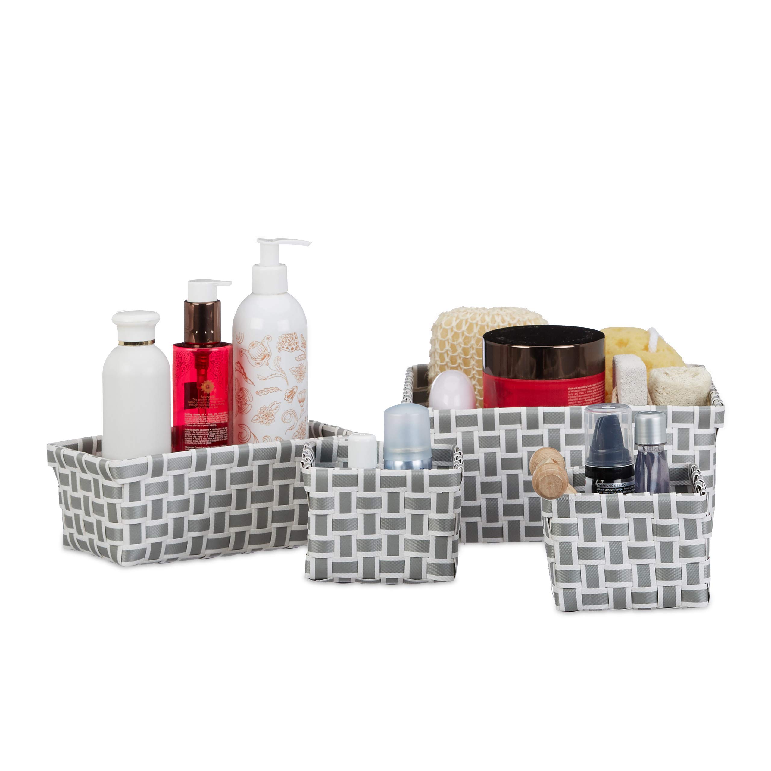 Relaxdays Set of 4 Storage baskets, Woven, Robust, Storage Bin for Bath, Plastic, Shelf Unit, White-Grey