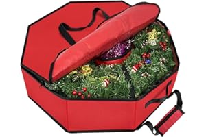 HOMYFORT Christmas Wreath Storage Container, 30 Inch Hard Shell Wreath Storage Box with Interior Pockets, Dual Zippers and Handles, 7inch Height (Red)