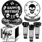 Marspark 210 Pcs Gothic Birthday Decorations Gothic Halloween Happy Birthday Tableware Black Bow Skeleton Party Supplies Plates Napkins Cups and Forks for Halloween Party Dinnerware Supplies, Serve 30