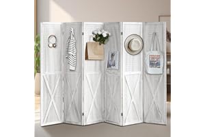 ALeesing 6 Panel Pegboard Room Divider, 5.6Ft Pegboard Display Folding Privacy Screens, Wood Room Divider Peg Board Display Freestanding for Trade Show Craft Show Home Wall Organizer, Retro White