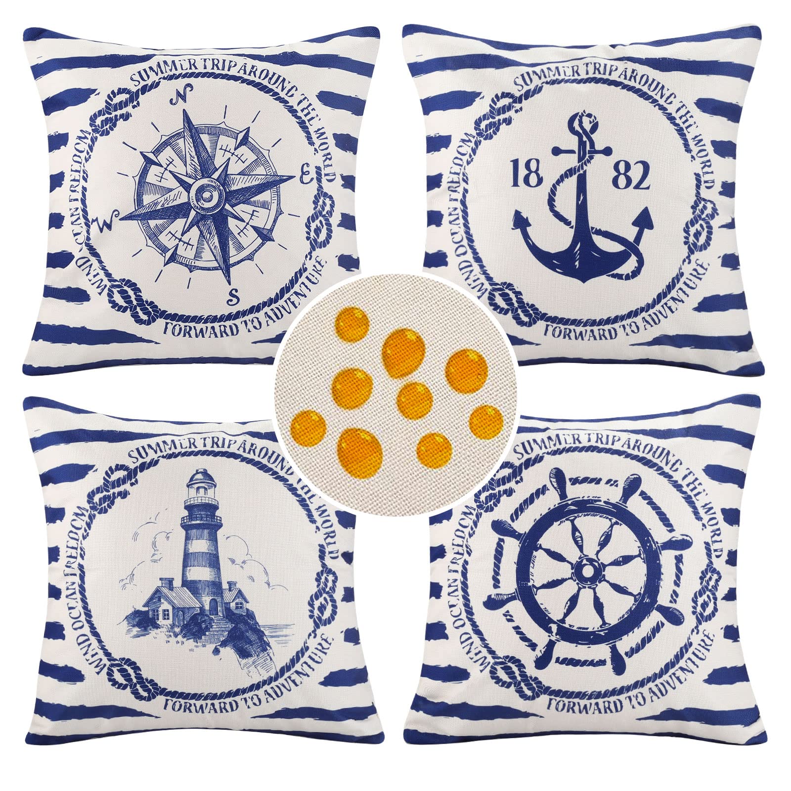 Set of 4 Ocean Navigation Outdoor Cushion Cover Anchor Lighthouse Compass Rudder Navigation Vintage Throw Pillow Cases with Blue Stripe Waterproof Cotton Linen Pillowcase with Invisible Zipper,45x45cm
