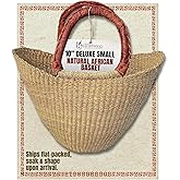Africa Heartwood Project - Deluxe Small Natural African Shopping Basket with Leather Handle - Classic Heartwood Bolga Market Basket from Women in Bolgatanga, Ghana - 10" U-shape (Flat-packed)