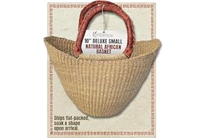 Africa Heartwood Project - Deluxe Small Natural African Shopping Basket with Leather Handle - Classic Heartwood Bolga Market Basket from Women in Bolgatanga, Ghana - 10" U-shape (Flat-packed)