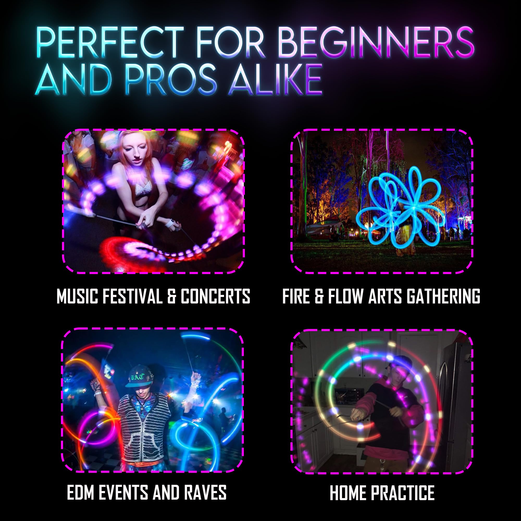 UltraPoi HelixPoi Pro Set – Rechargeable LED Poi w/ 50+ Color Modes – Spinning Light Flow Toys w/Non-LED Knob Handles, Soft Cases & Adjustable Leashes – Visual Poi for Rave, Parties & Performance