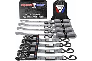 Ratchet Straps Tie Down Kit Incl. (4) Heavy Duty Rachet Tiedowns (1.6" x 15') with Coated S Hooks + (4) Soft Loop Tie-Downs (17") - 5,208 Total Break Strength by Straight Jacket Crew (Grey Stars)