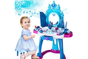 YUNAKING Kids Vanity Toys for 2 3 4 5 Year Old Girls, Princess Vanity Set with Magic Mirror and Beauty Salon Set, Toddler Vanity Set for Little Girls Birthday Christmas Toy Gifts