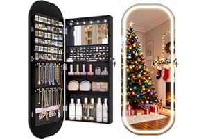 LVSOMT LED Mirror Jewelry Cabinet, Wall/Door Mount Jewelry Mirror Organizer, Rounded Full Length Mirror with Storage, Lockable Jewelry Armoire, 16" Wide, Foldable Shelf, Interior Mirror, Black