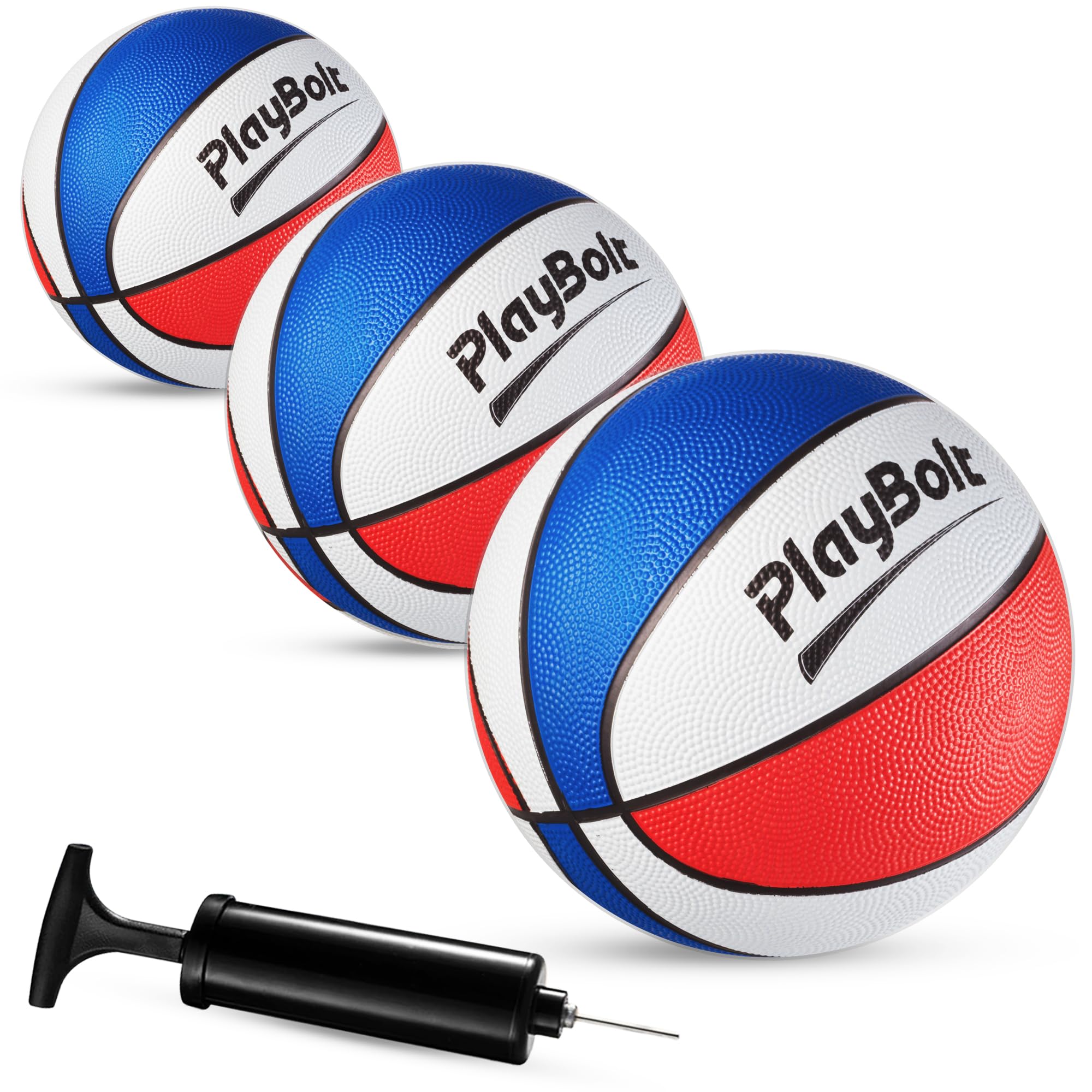 PlayBolt Size 3 Mini Basketballs (3 Pack) - 7-Inch Junior Rubber Basketball Set with Pump - Youth Beginner Kids Basketballs for Backyard Pool Parties, Arcade Games, Practice, Indoor & Outdoor Play