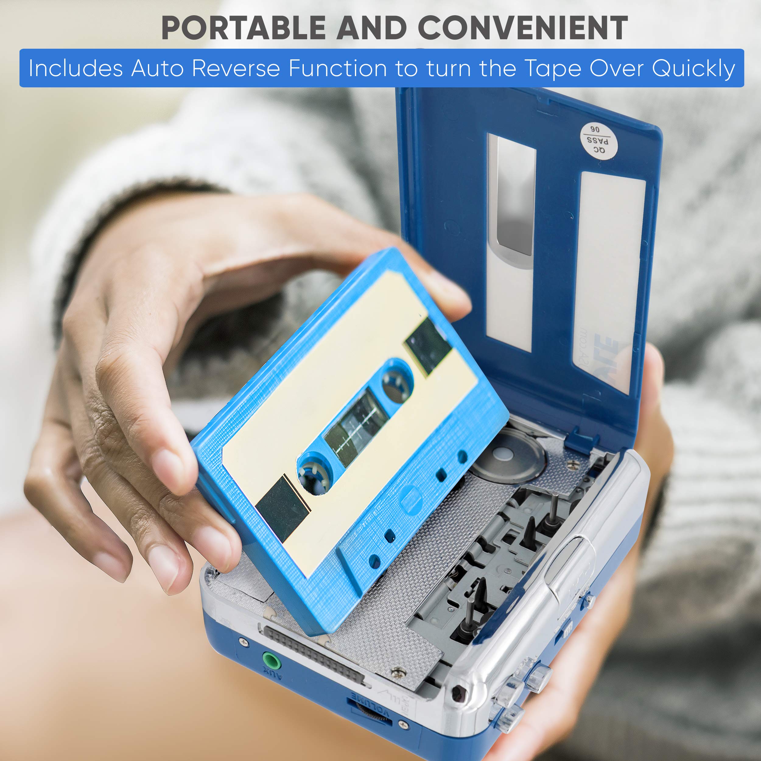 Pyle Cassette Player Bluetooth with Earphone - Tape Player Bluetooth Output to Headphone/Speaker - Includes Earphones - Bluetooth Walkman Cassette Player w/Lid Switcher, AUX Port
