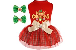 cyeollo Dog Dress Plaid Christmas Holiday Theme Girl Pet Clothes with Bowtie Doggie Outfits Festival Dog Dresses for Small Dogs