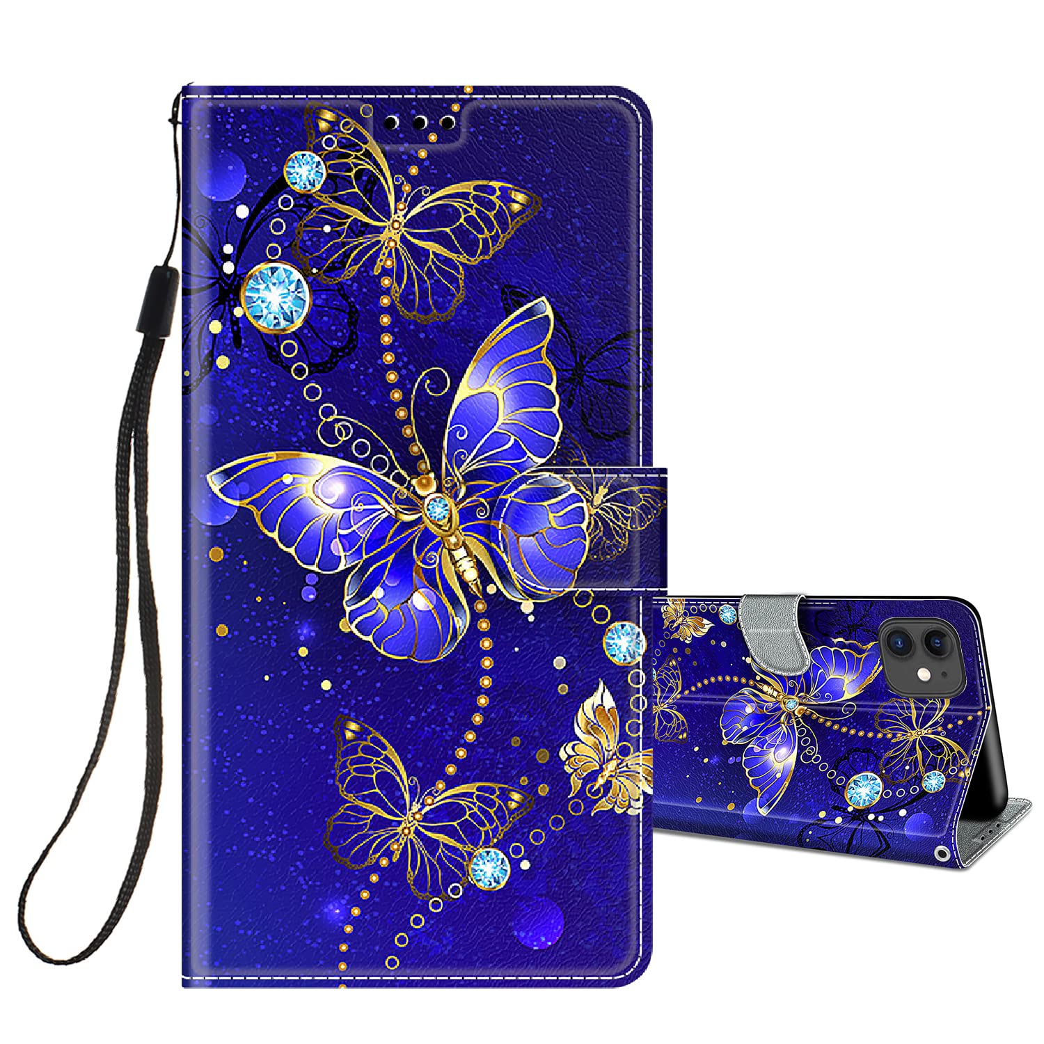 HopMore Flip Case for iPhone 12 / iPhone 12 Pro Phone Case Protective Wallet Case for Girls Women Boys, PU Kickstand Card Slot Holder Silicone Bumper 360 Degrees Shockproof Cover - Butterfly/Blue