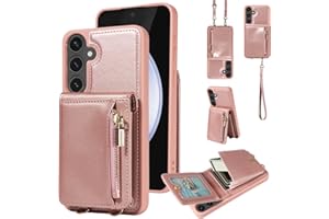 Leather Wallet Case for Samsung Galaxy S24 FE with Card Holder, 4 Card Solts 1 Zipper Purse,Magnetic Snap Kickstand Phone Cas