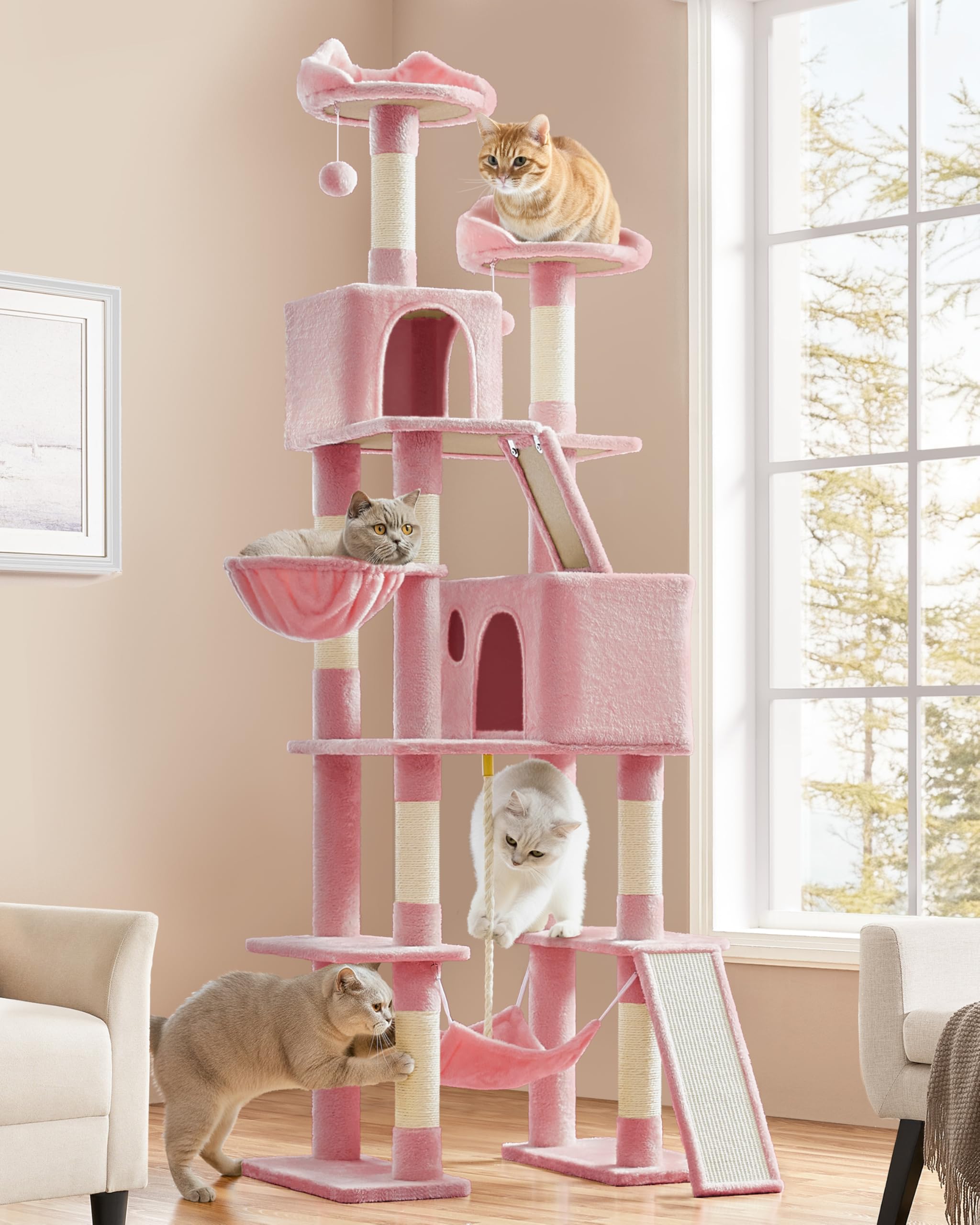 Yaheetech Cat Tree, 82.5in Super Tall Tower w/Cute Top Perches, Scratching Posts, 2-in-1 Ramps, Cozy Basket, Extra Large Condo for Indoor Kittens, Pink Image