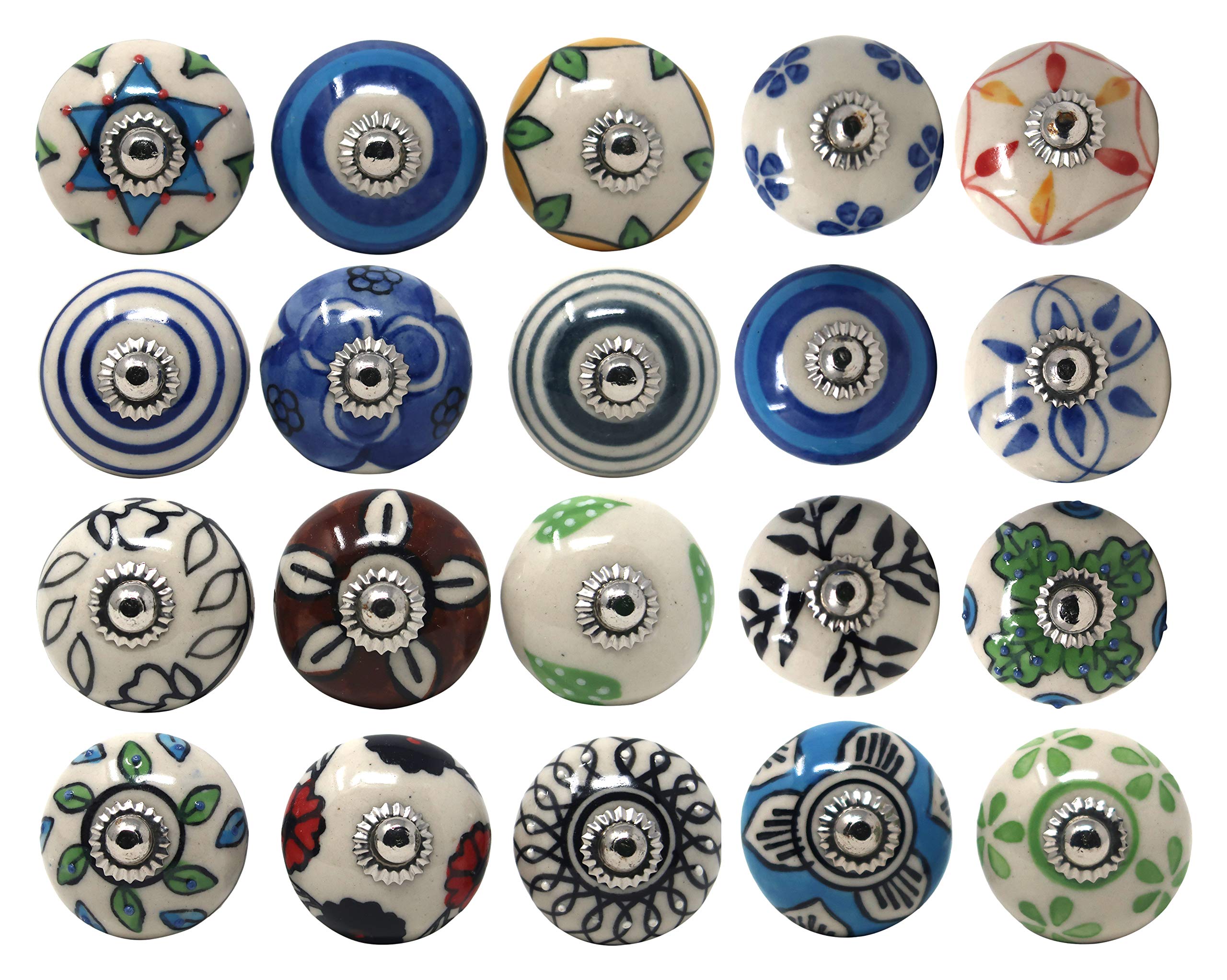 Ajuny Ceramic Knobs Multi Colour for Dresser Drawers Bathroom Cabinet Kitchen Cupboard Handmade in India Set of 20