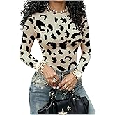GORGLITTER Women's Cheetah Print Long Sleeve Tops Dressy Leopard Crew Neck Fitted T Shirts Fall Fashion