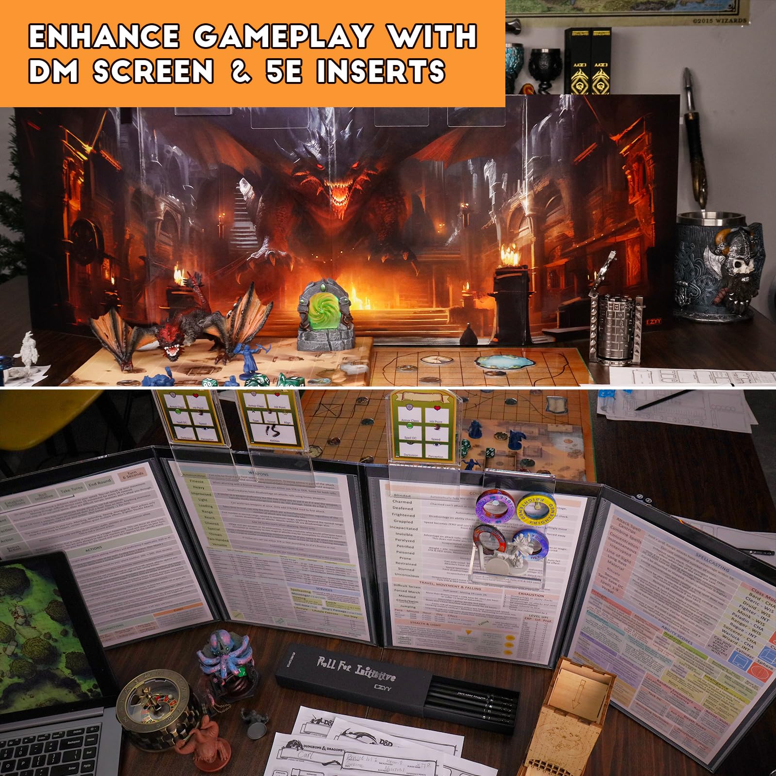 CZYY Foldable Battle Mat with DM Screen, Game Tokens, Dice Set, Markers - 2-Sided Wet & Dry Erase Terrain, Ultimate DND Starter Set, Accessories, Gift for Dungeon Master & Player