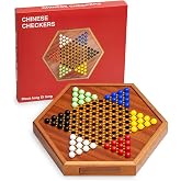 Wooden Chinese Checkers Game Set with Storage Drawer, 12.6 inches - Includes 60 Colorful Acrylic Chess Pieces (6 Colors) - Classic Strategy Board Game