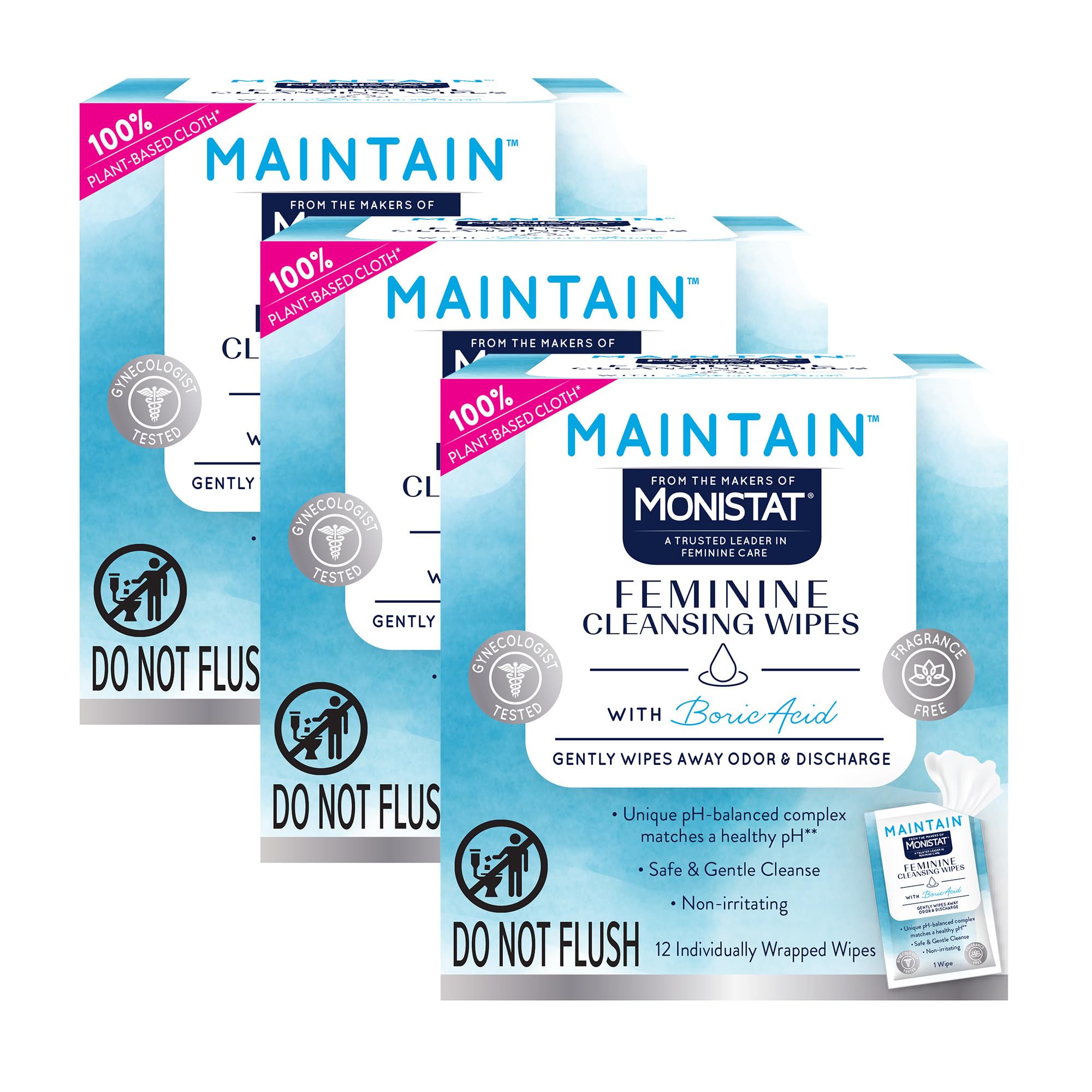 View 1 of ++open bag+++Monistat Maintain Feminine Wipes with Boric Acid for Feminine Care, Fragrance Free, 12 Ct, 3 Pk