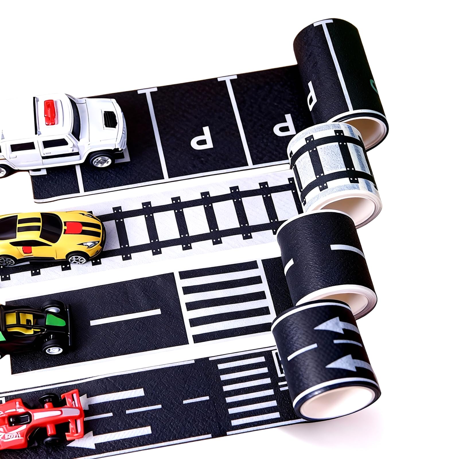 17Pcs Road Tape for Toy Cars, Road Rolls & Traffic Signs Stickers, Removable Reusable Race Track Tape to Encourage Kids‘ Creative DIY Play