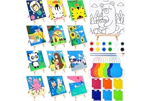 SYTUHETE 48PCS 12 Sets Printed Canvas Paint Art 12 Pcs Wooden Easel Set Paint Pots and Brushes and 12 Pre Drawn Canvas Panel 12 Pcs Mini Apron and Tote Bag for Kids(Cute)