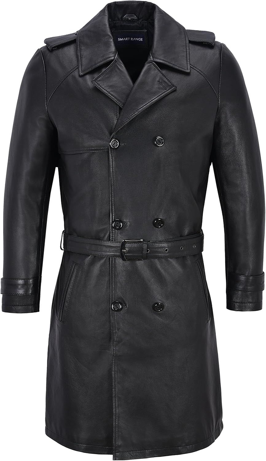 Mens Knee Length Leather Trench Coat Black Lambskin Double Breasted