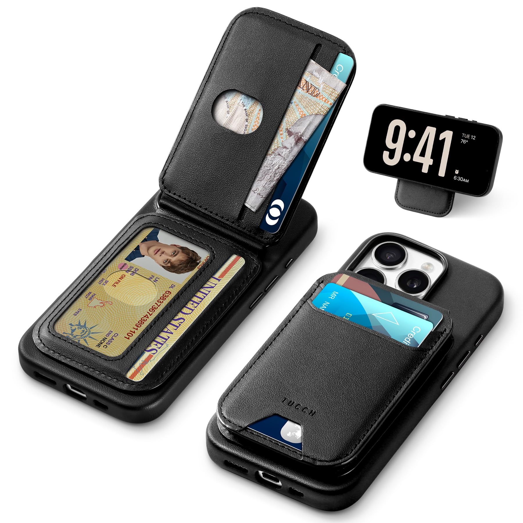 TUCCH Magnetic Case for iPhone 16 Pro (6.3") 2024 with Detachable Wallet[5 Card Holders] Adjustable Stand[RFID Blocking][Wireless Charging], Protective Anti-Slip Slim PU Leather Phone Cover, Black
