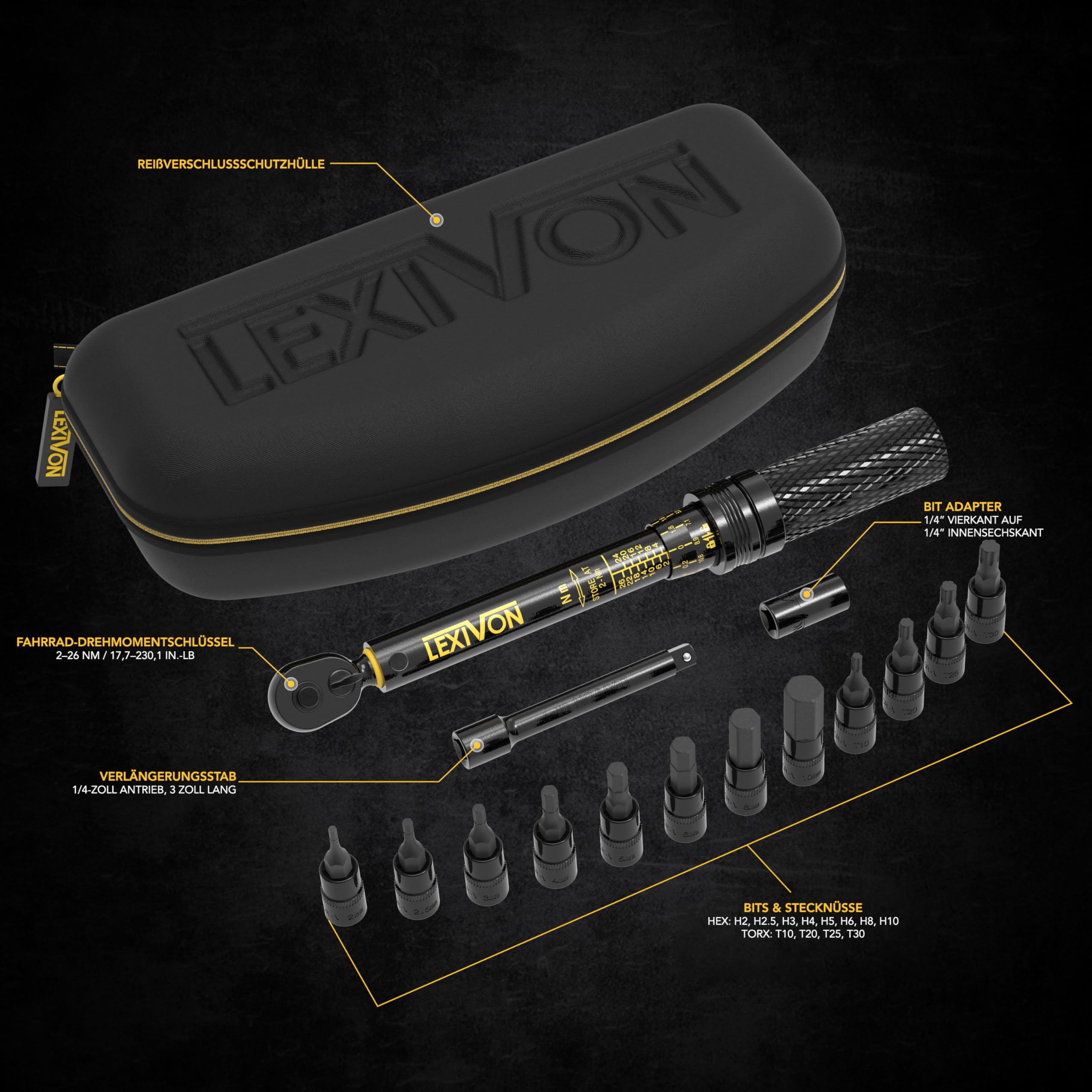Drehmomentschlüssel Fahrrad & Motorrad, 1/4 Zoll, inklusive 15 teiliges Set Innensechskant Hex und Torx Bits, Messbereich 2-26 Nm mit Verlängerungsstange, torque wrench set Für Rennrad und mehr 3