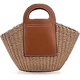 QTKJ Summer Beach Bag, Hand Made Straw Beach Bag Basket Leather Stitching Tote Bag, Large Capacity Designer Handbags for Vacation Travel Daily(Khaki)