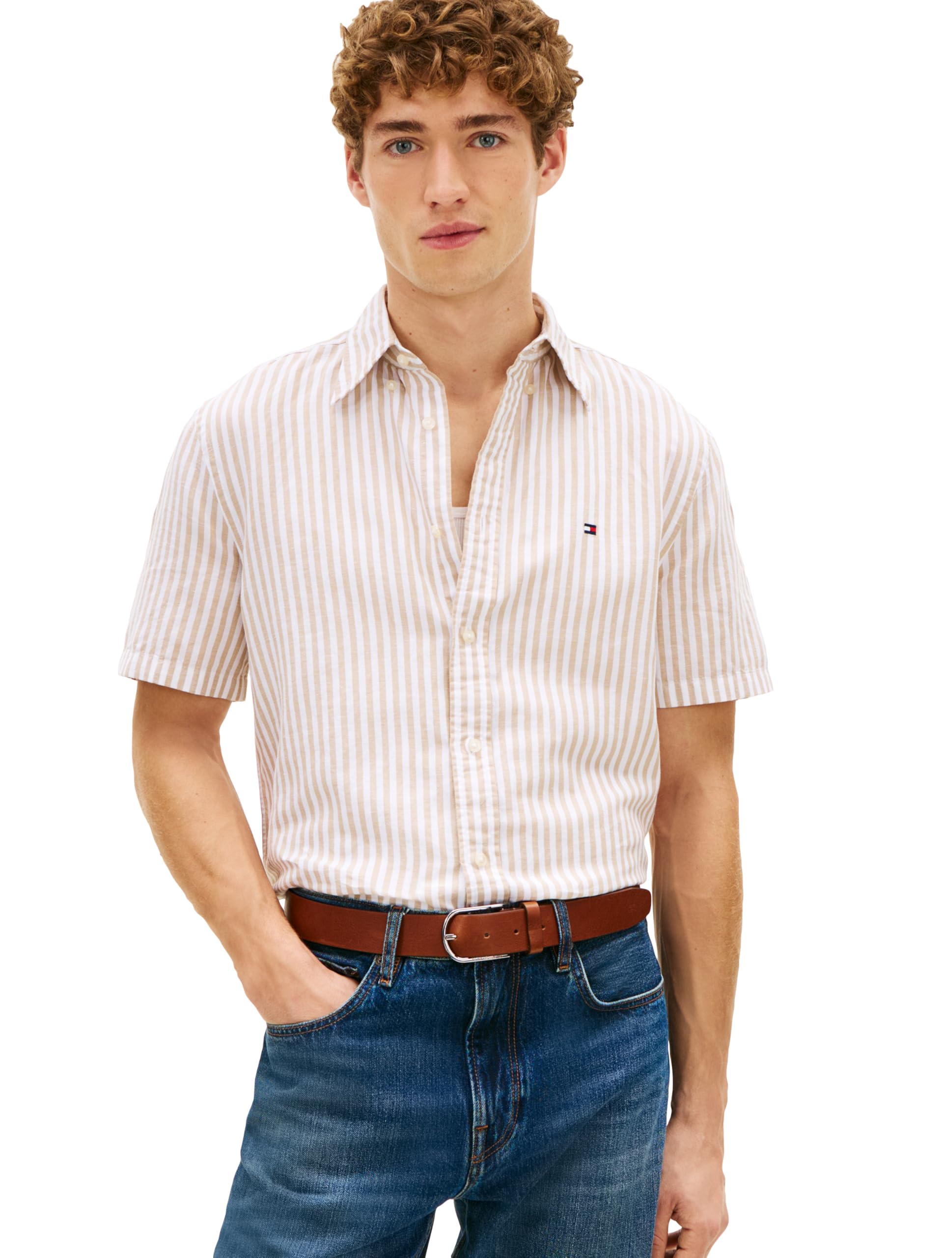 Tommy Hilfiger Men’s Linen Blend Stripe Regular Short Sleeve Shirts,Sandalwood/Stripe XX-Large