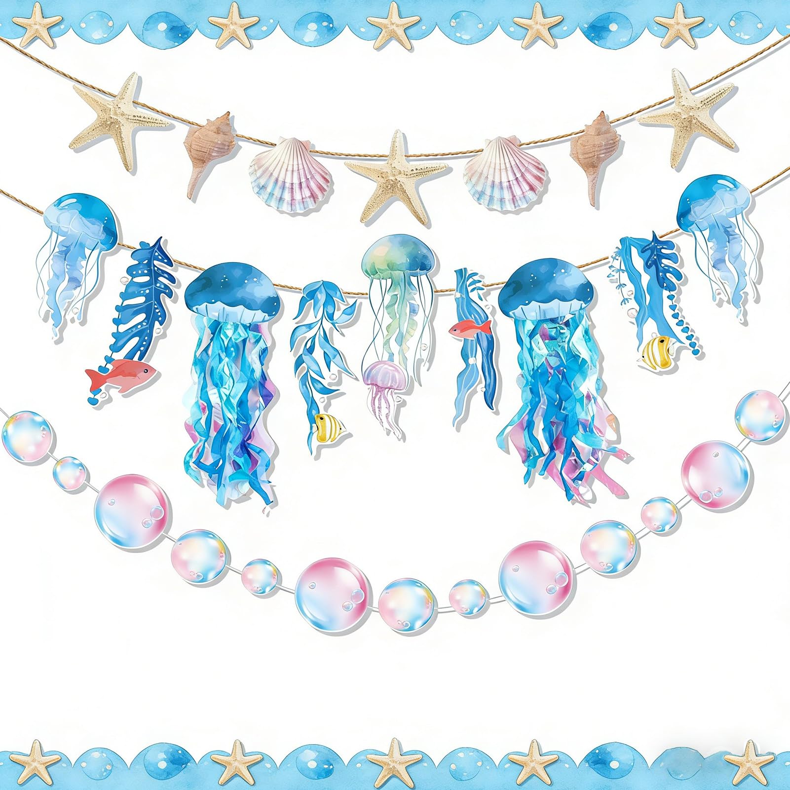 Ocean Party Decorations, Jellyfish Garland Banner, Seashell Starfish Bubble Bunting, Blue Nautical Theme, Under the Sea Birthday Decor