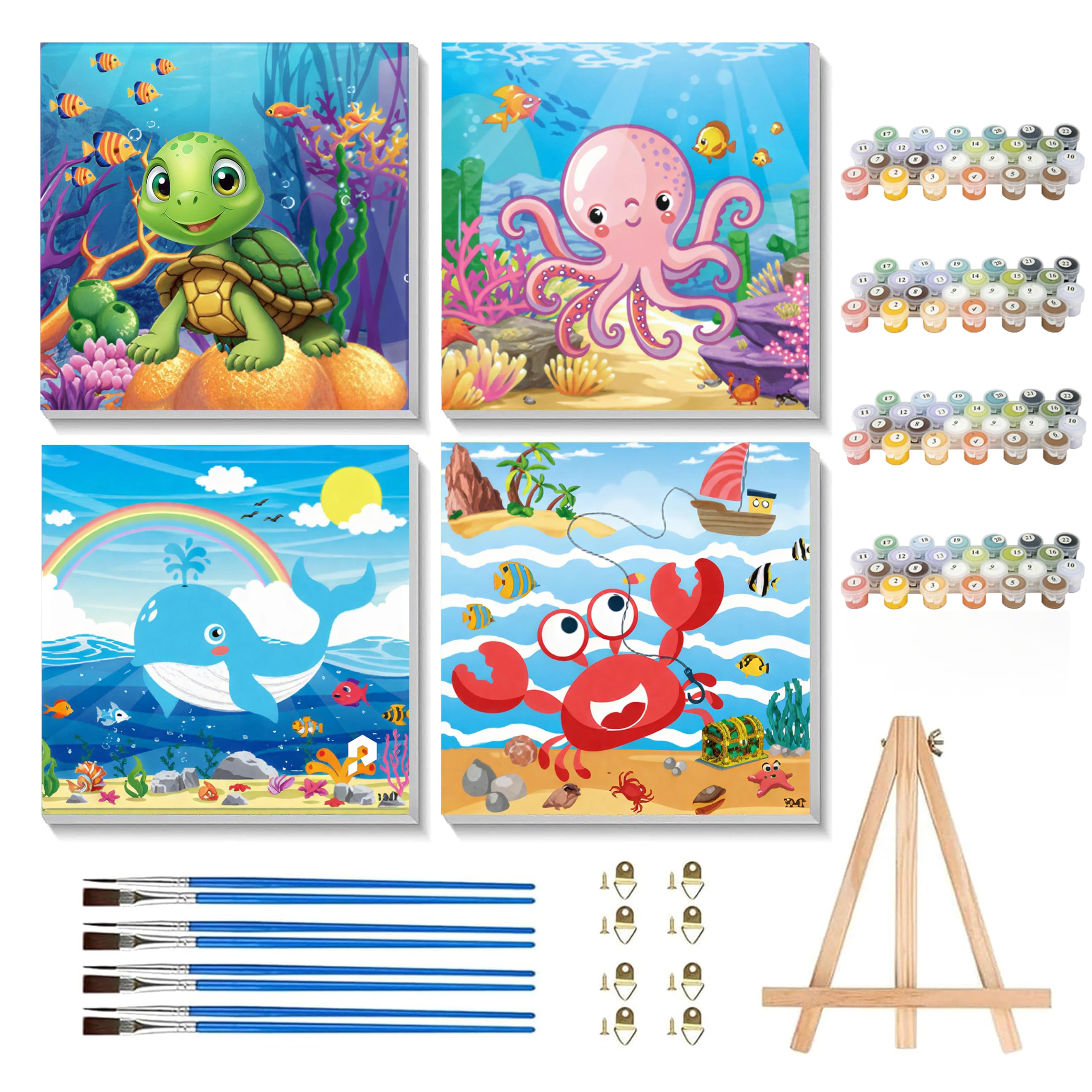 4 Pack Paint by Numbers for Children with Framed - Sea Animal Paint by Numbers kits for Kids 6-12,Painting by Numbers for Kids with Wooden Easel Birthday Christmas Gifts Home Wall Decor 8X8inch — image 1