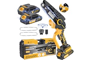 EIOEHTL Mini Chainsaw, 6-Inch Upgraded Chain saw with Security Lock & Auto Oiler System, Includes 2 Pack 2000mAh Batteries and 2 Manganese Steel Chains, Battery Chainsaw for Tree Branches, Courtyard, Garden
