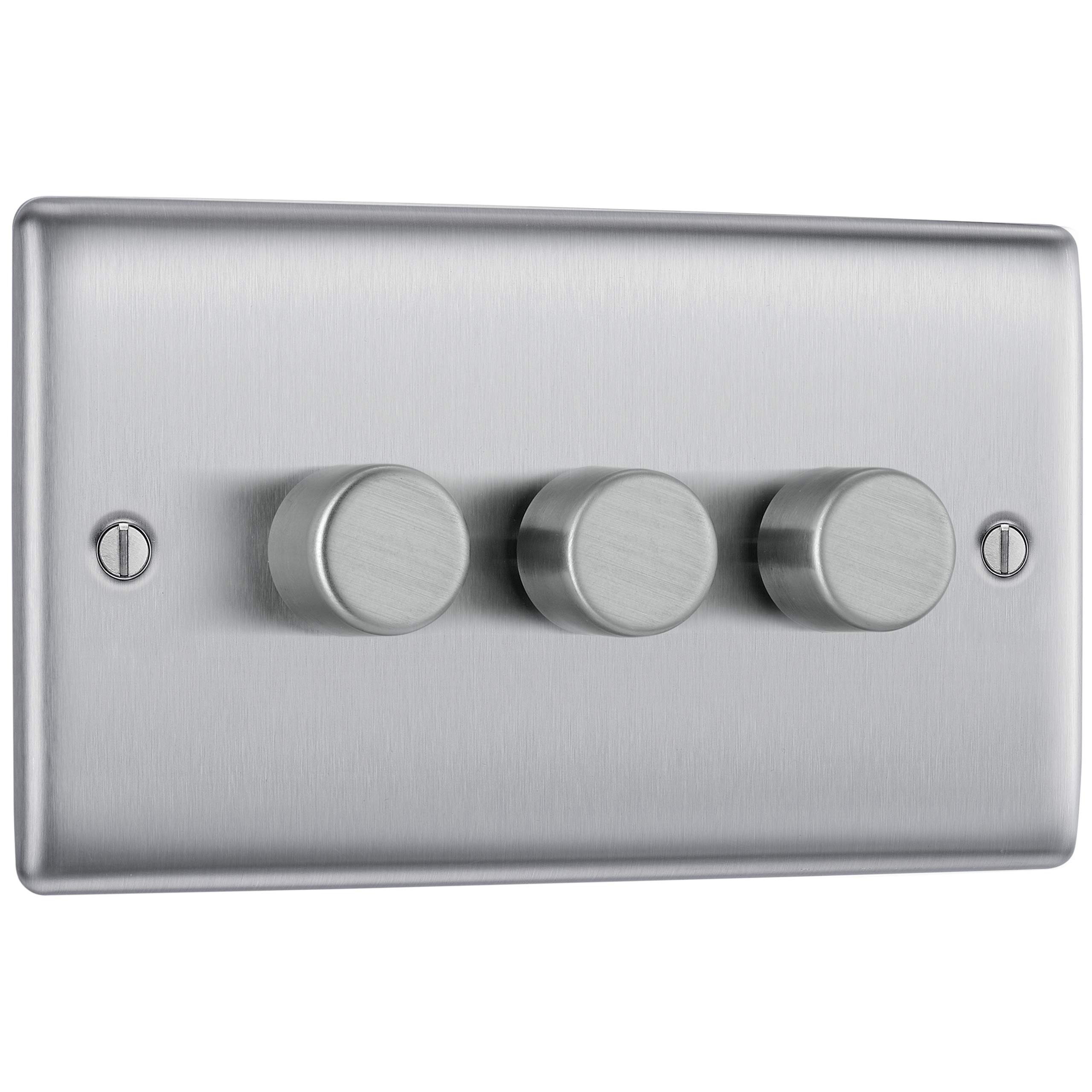 BG Electrical Intelligent Triple Wall Dimmer Switch, 2 Way, Raised Profile, Round Edges, Nexus Metal, Brushed Steel, 200W, NBS83