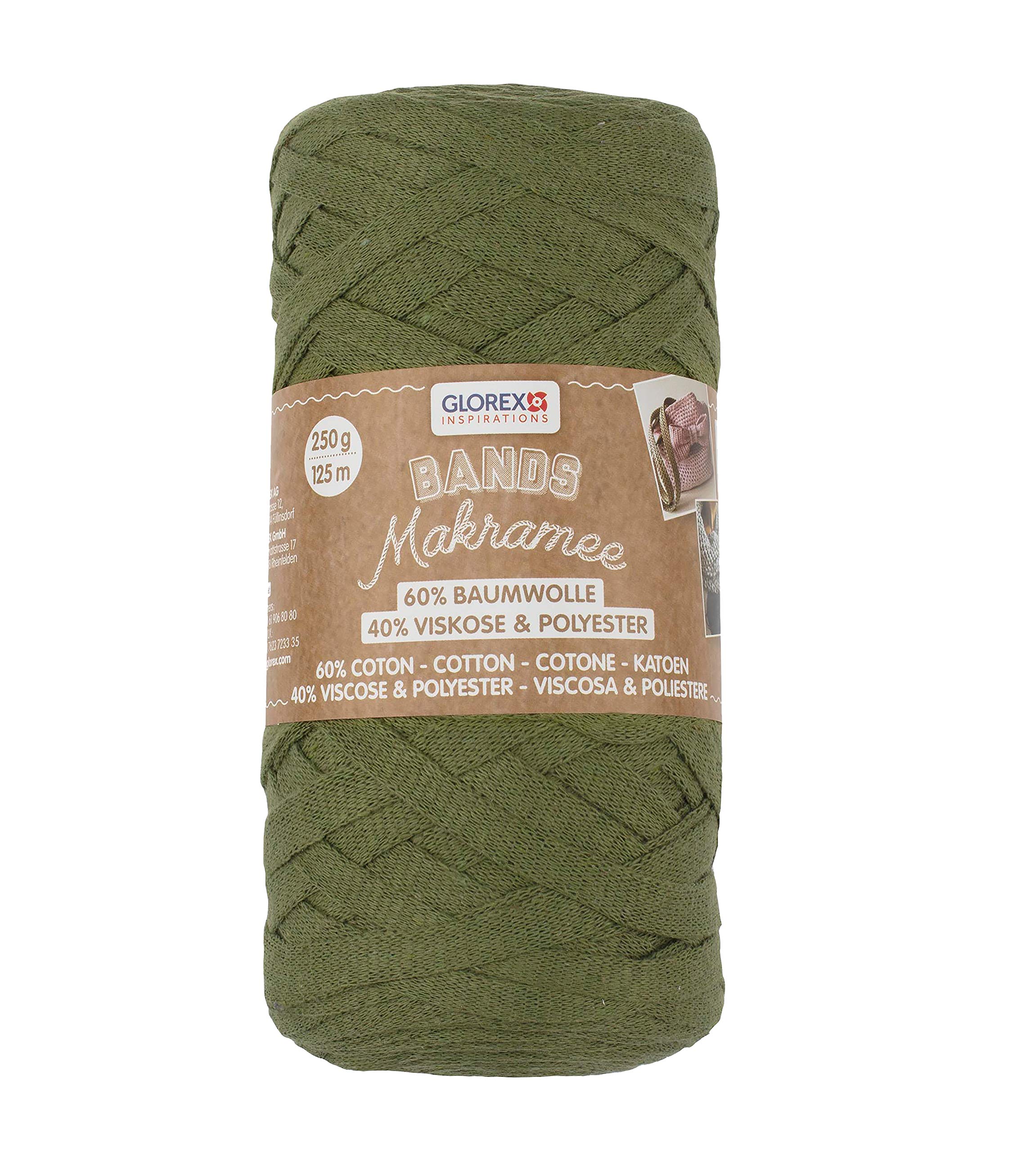 GLOREX 5 1005 07 Bands Macrame Super Soft Textile Yarn 60% Cotton / 40% Viscose for Crocheting, Knitting, Knotting and Textile Design, 250 g, Approx. 125 m, Olive